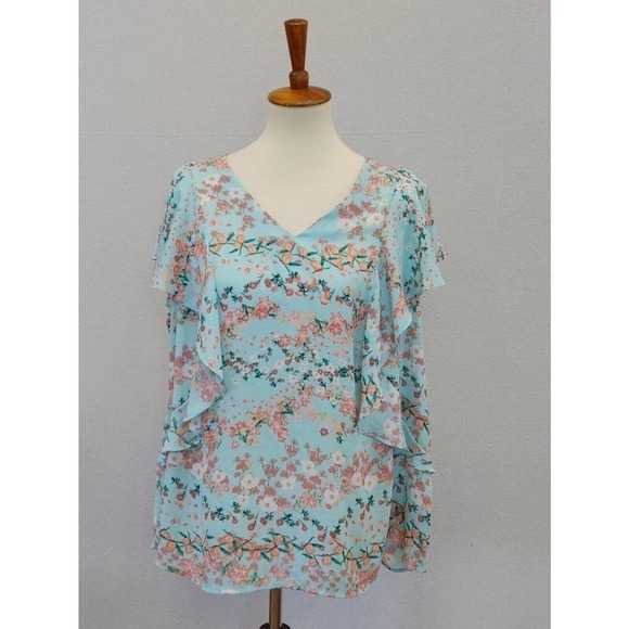Worthington Top Women's Size 0X Shirt Short Flutter Sleeve Blue Floral Lightweig - Picture 1 of 5